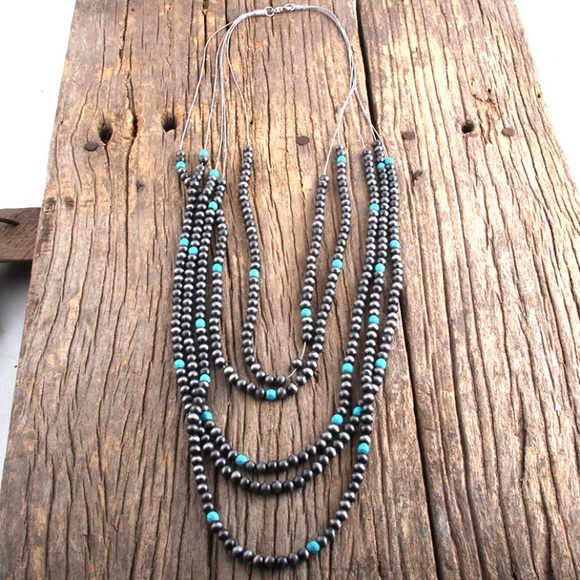 Steel Turquoise Multi Layer Beaded Boho Necklace - Picture 2 of 3